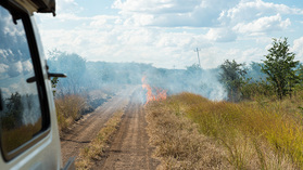 Durch den Buschbrand n&ouml;rdlich des Hwange Nationalparks